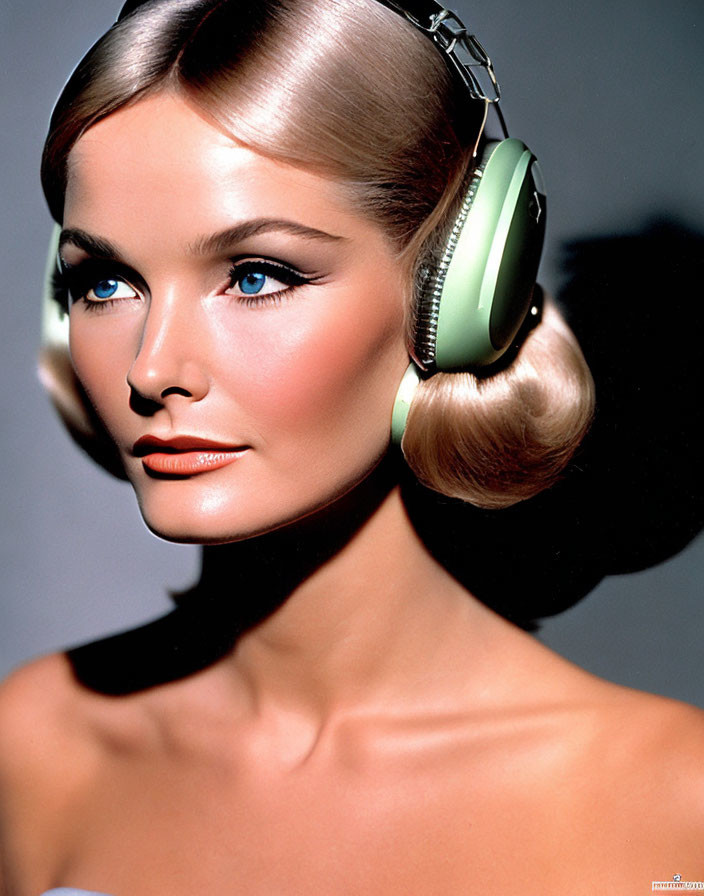 Woman with Polished Updo, Green Headphones, Blue Eye Makeup & Pink Blush