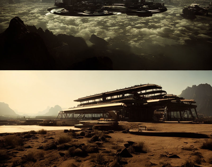 Futuristic floating cities above clouds and modern desert spaceport with mountain backdrop