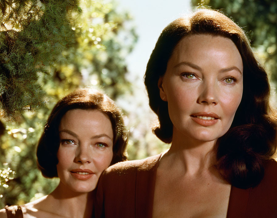 Two Women Resembling Sisters with Dark Hair and Green Foliage