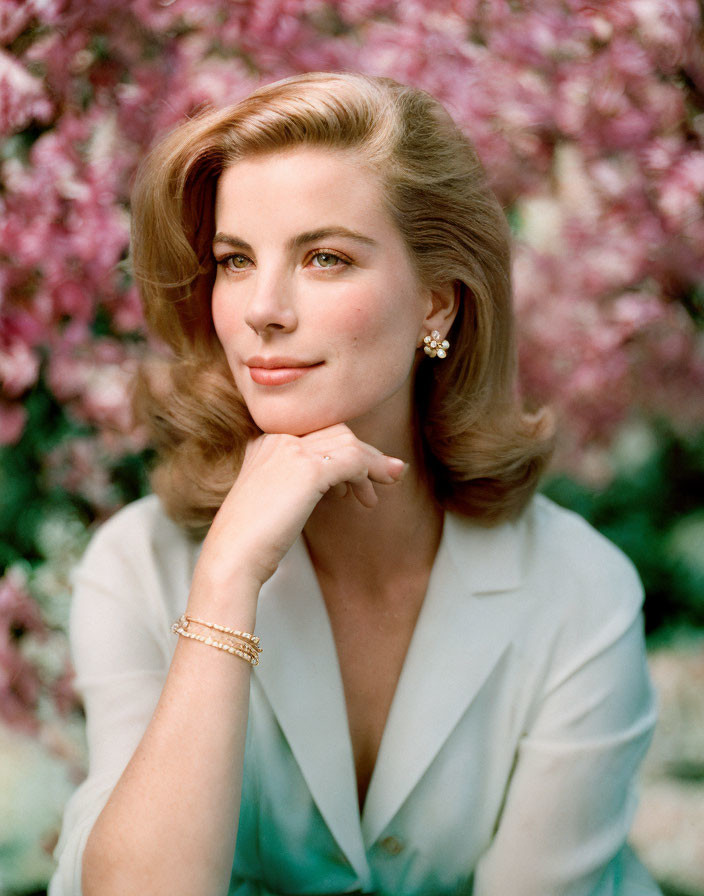 Blonde woman in blue blouse with pink flowers background