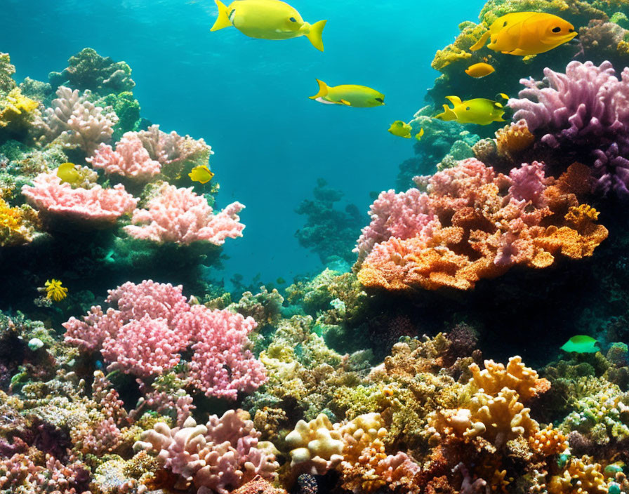 Colorful Coral Reef with Tropical Fish in Clear Blue Water