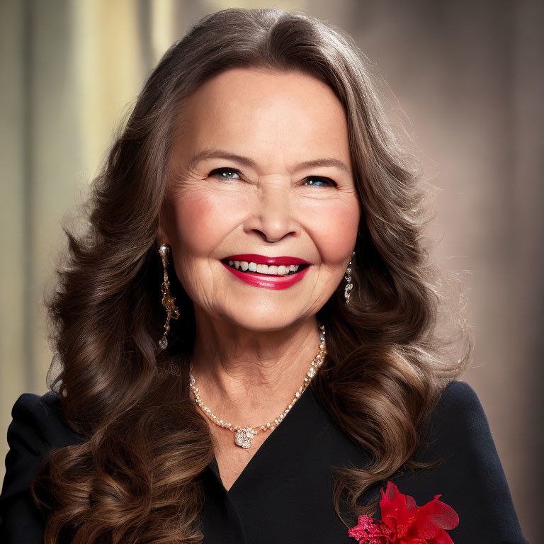 Smiling woman with long brown hair and red lipstick portrait.