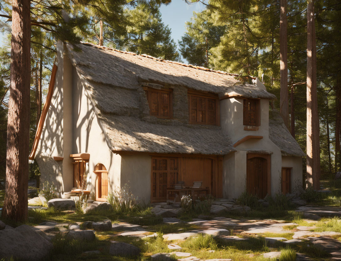 Stone cottage with thatched roof in forest clearing surrounded by pine trees