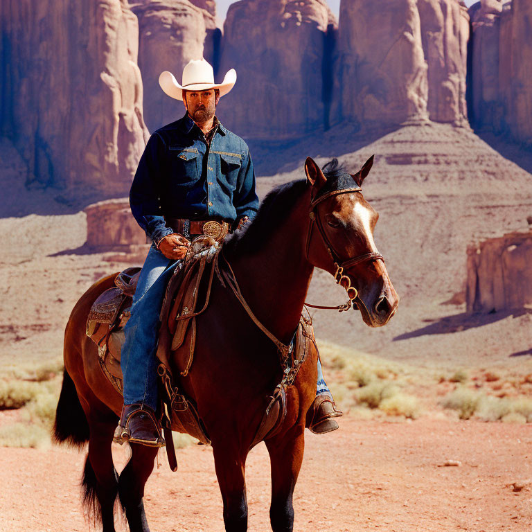 Cowboy on horse in denim attire in desert with red rocks.