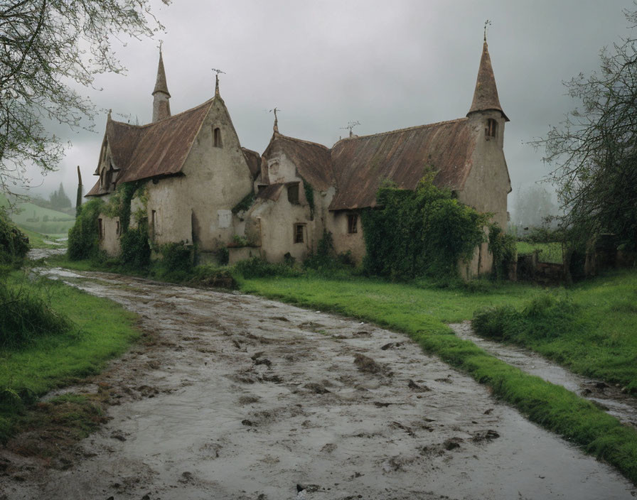 Weathered church with multiple spires in lush landscape