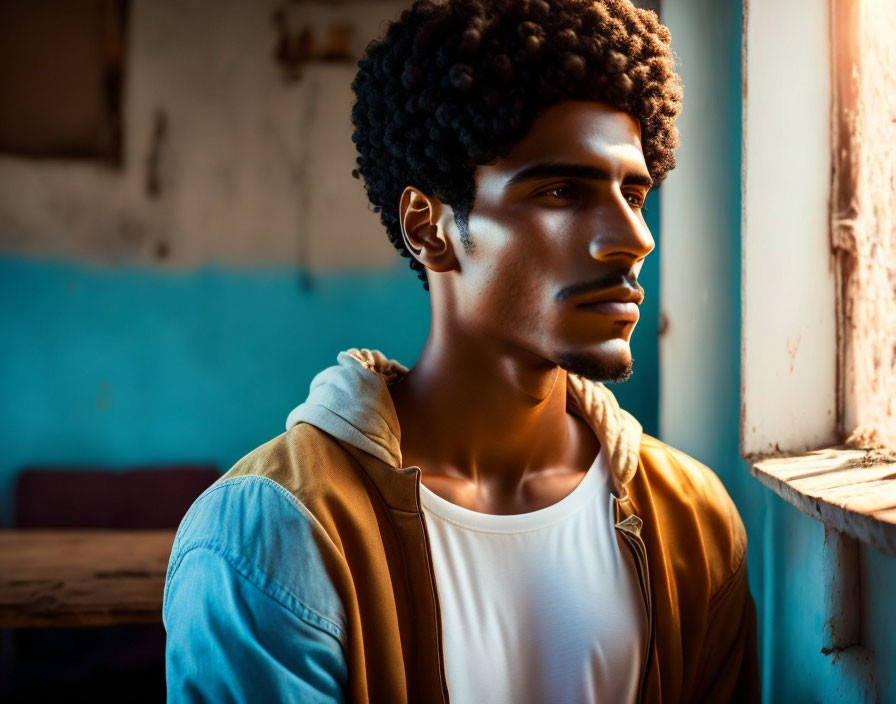 Curly-Haired Man Looking out Window in Sunlit Room