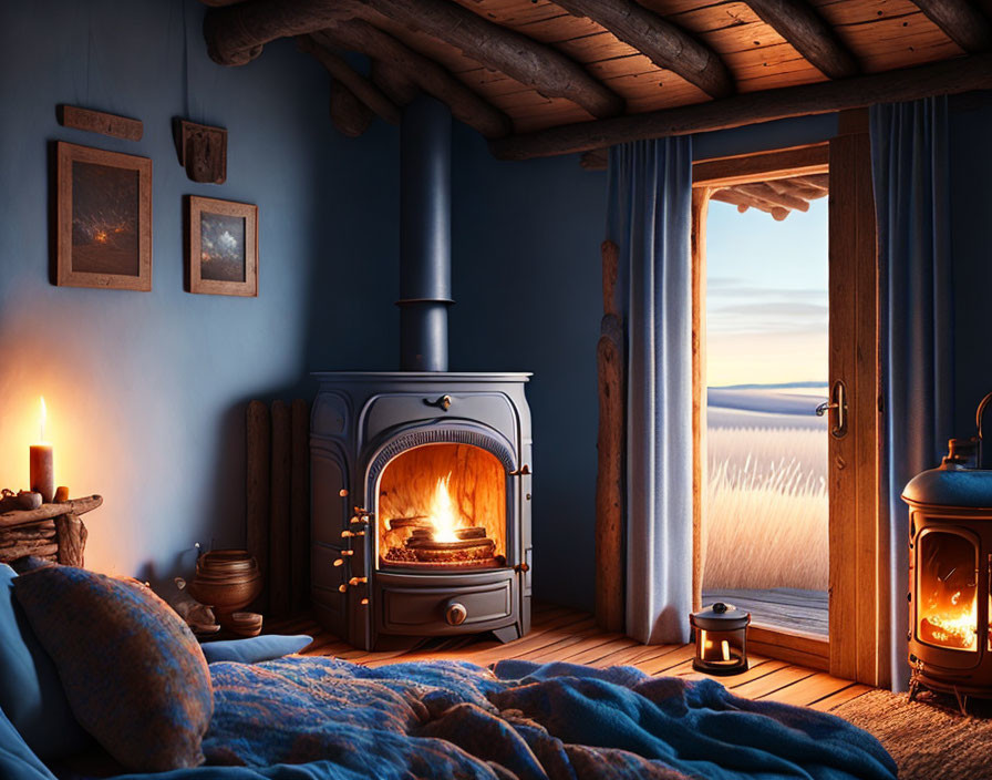 Warm Dusk Room with Fireplace, Blue Walls, Wooden Beams, Candles, and Field View