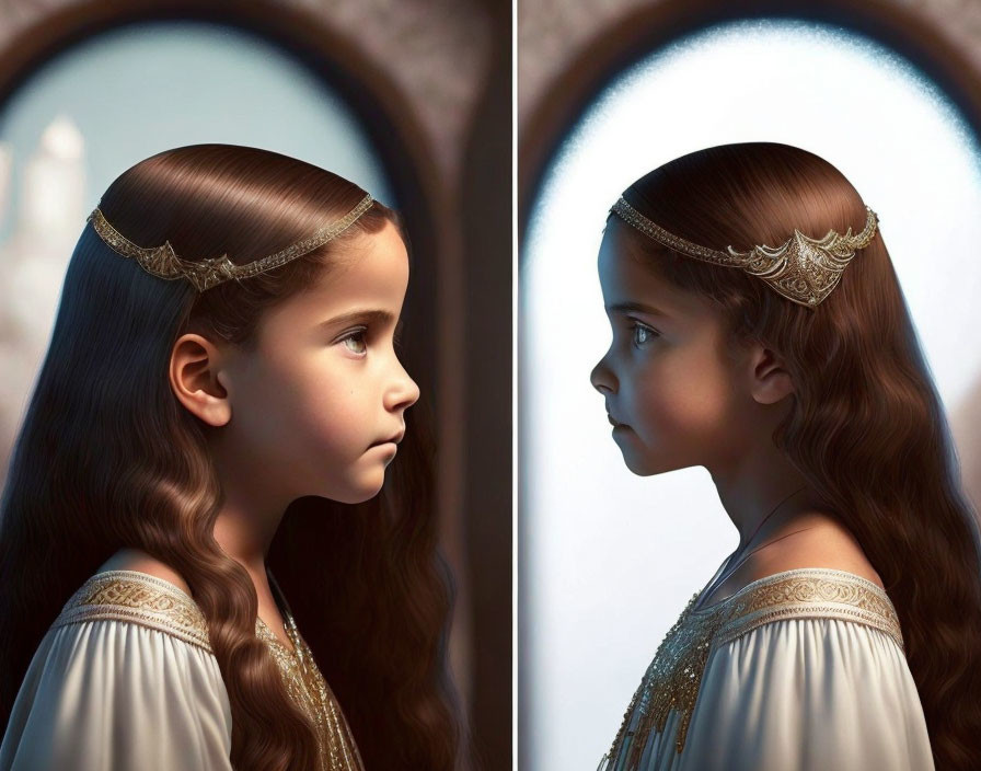 Young girl with braided headband in white dress against blurred background.