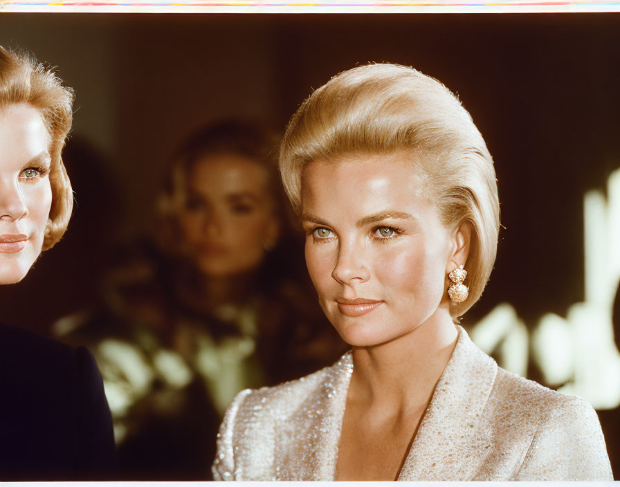 Blonde woman in glamorous makeup and outfit with second person in background