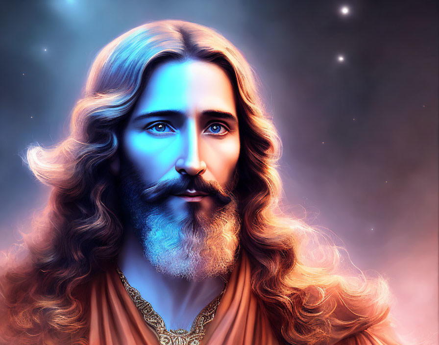 Male figure with long brown hair, beard, blue eyes, robe, and cosmic background.