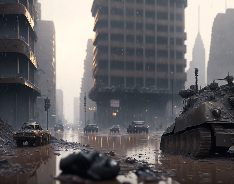 Dystopian city street with derelict cars, military tank, and gloomy high-rises