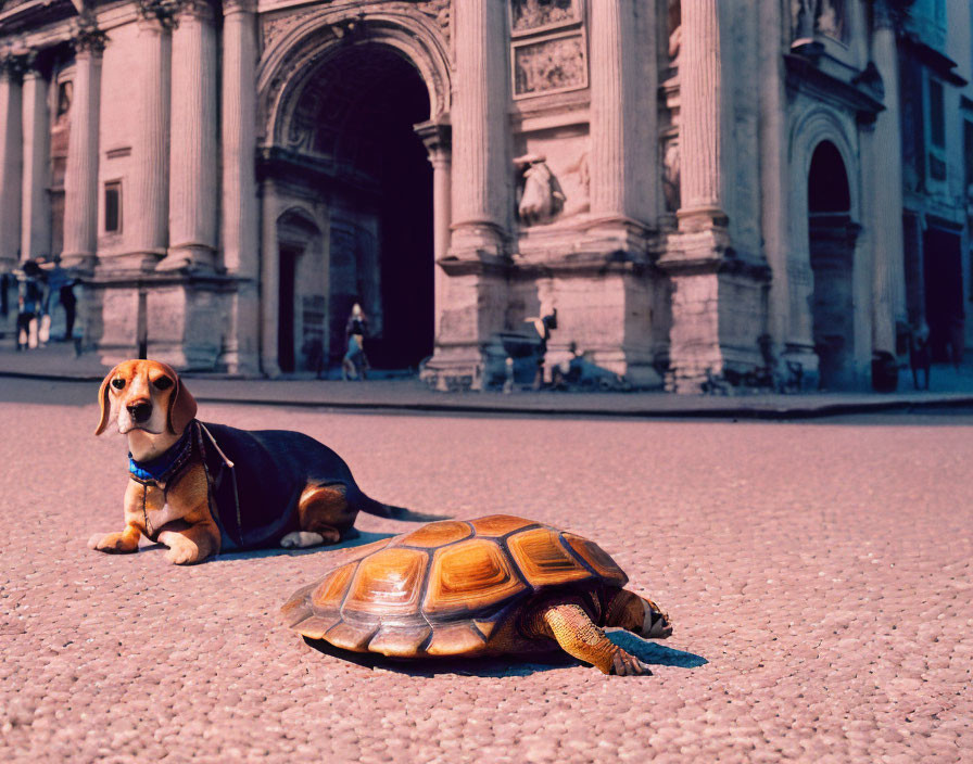 Beagle and tortoise on cobblestone street with archway in background