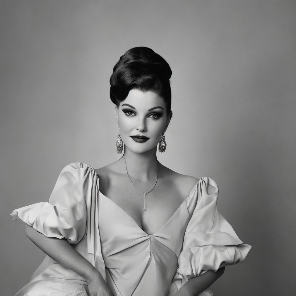 Vintage Style Portrait of Elegant Woman in Satin Dress & Updo Hairstyle