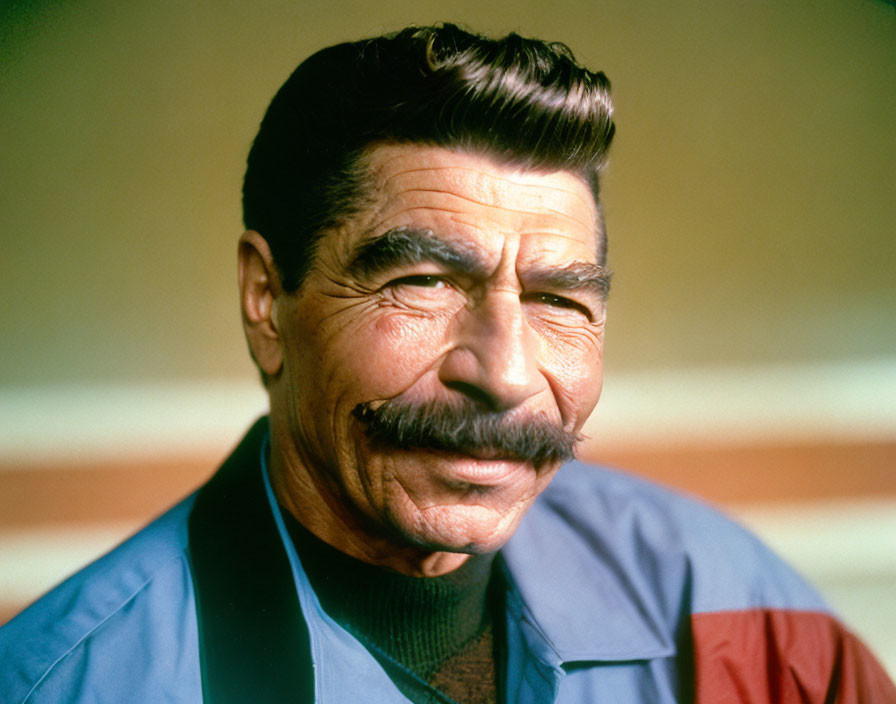 Elderly man with mustache in blue shirt and colorful vest on multicolored backdrop