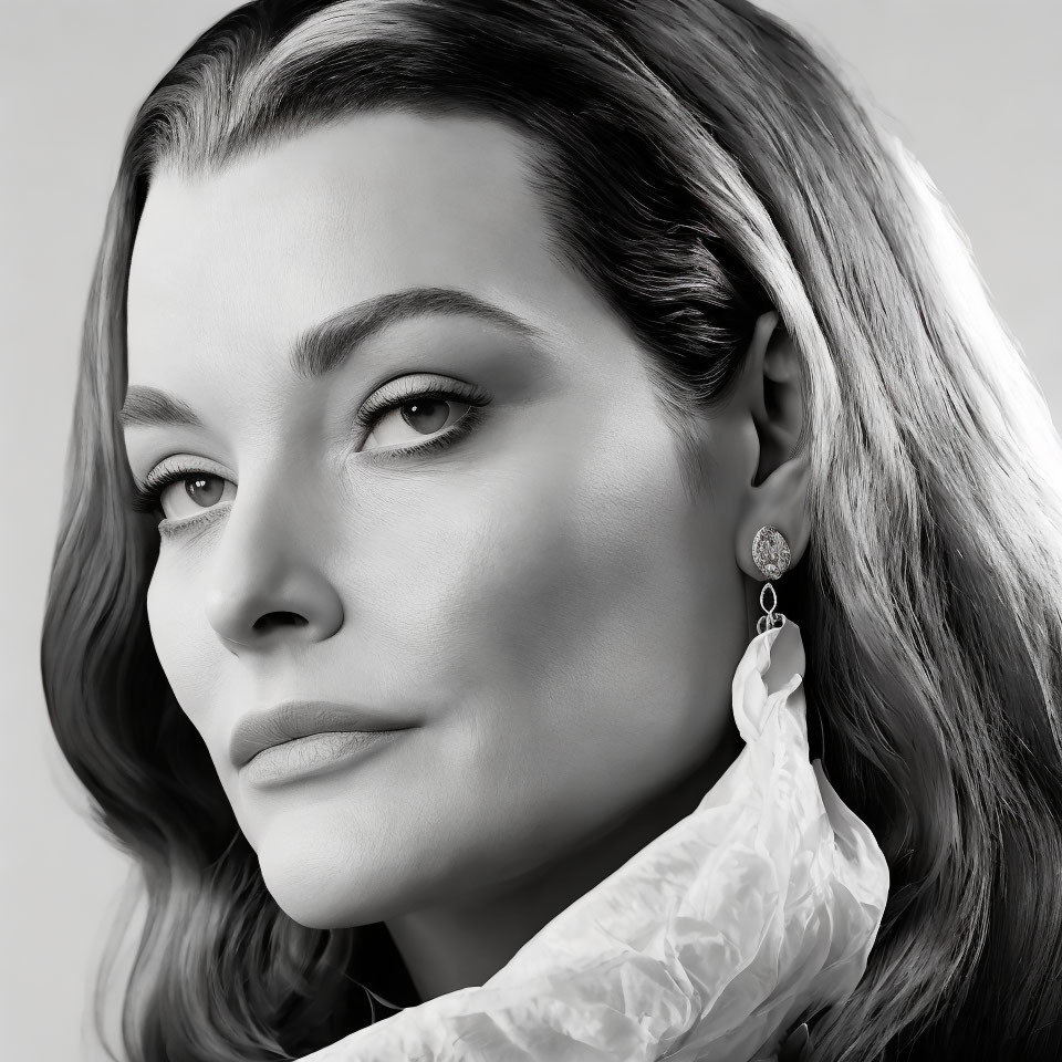 Monochrome close-up portrait of woman with serene expression and ornate earring