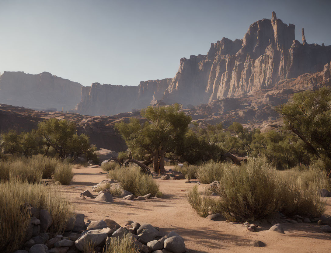 Rocky cliffs, sparse vegetation, and trail in desert landscape