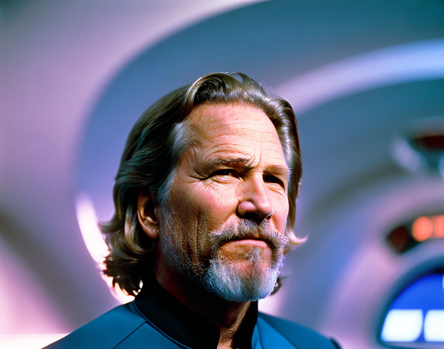 Pensive man with beard and mustache on colorful backdrop