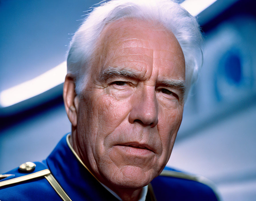 Elderly man in formal blue uniform with gold epaulettes on blurred blue background