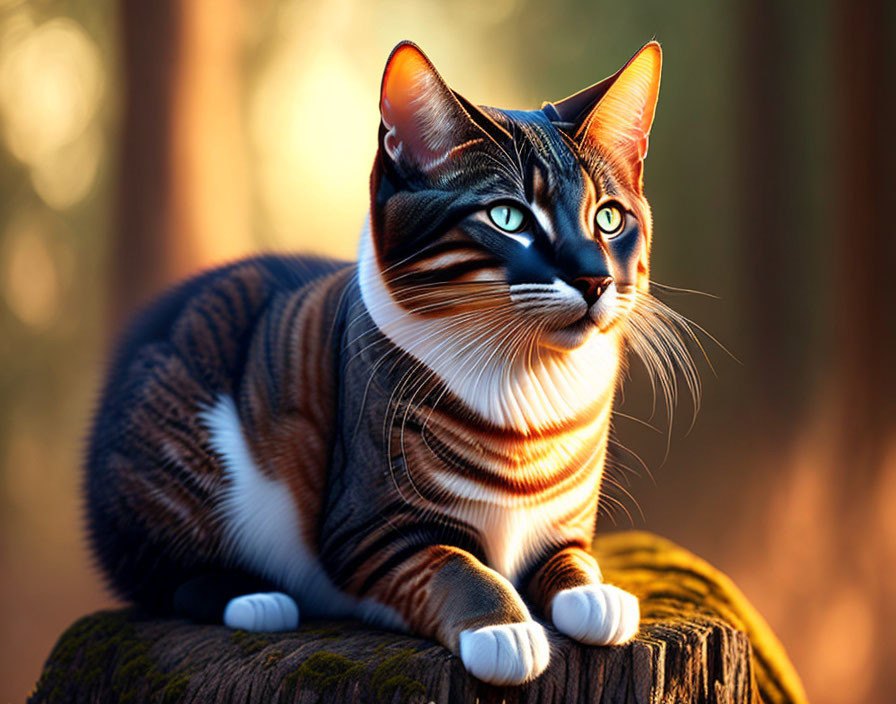 Tabby Cat with Striking Markings Rests on Stump at Sunset