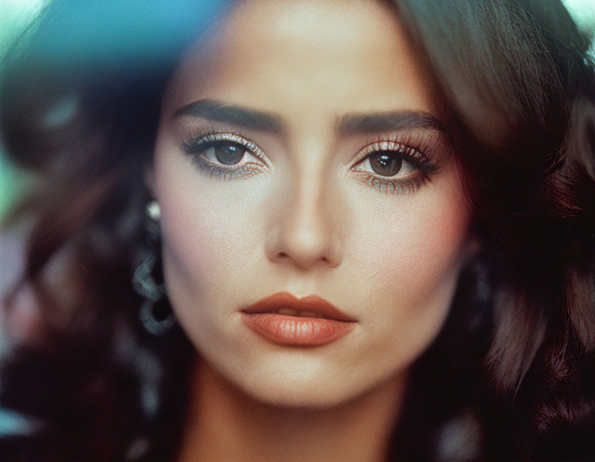 Portrait of woman with dark wavy hair and mascara gaze.