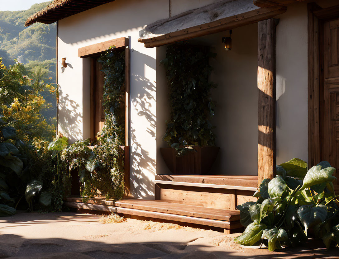 Idyllic house facade with wooden steps and green plants in pots