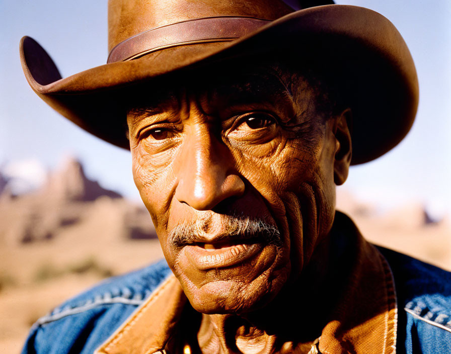 Elderly man in cowboy hat and denim shirt against desert backdrop