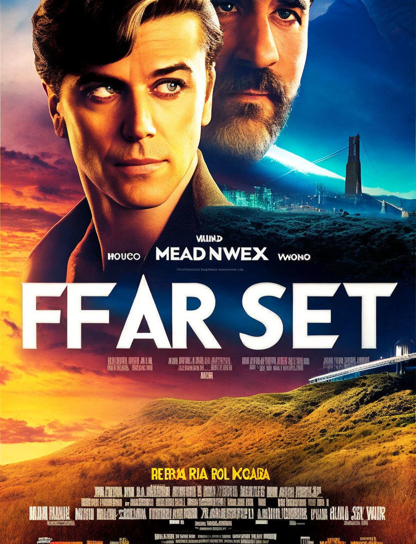 Movie poster: Two men's faces above bridge and hills, vibrant sunrise colors blending into night sky,