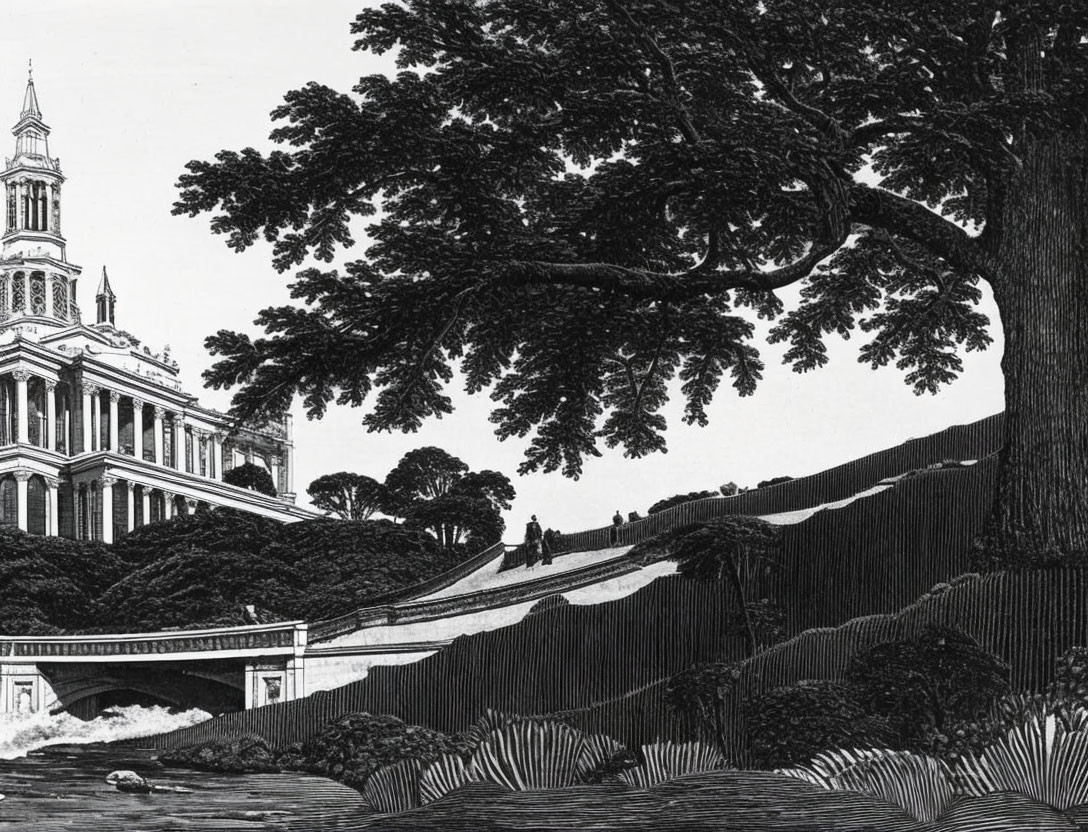 Detailed etching of classical building with spire, tree branches, and people on staircase