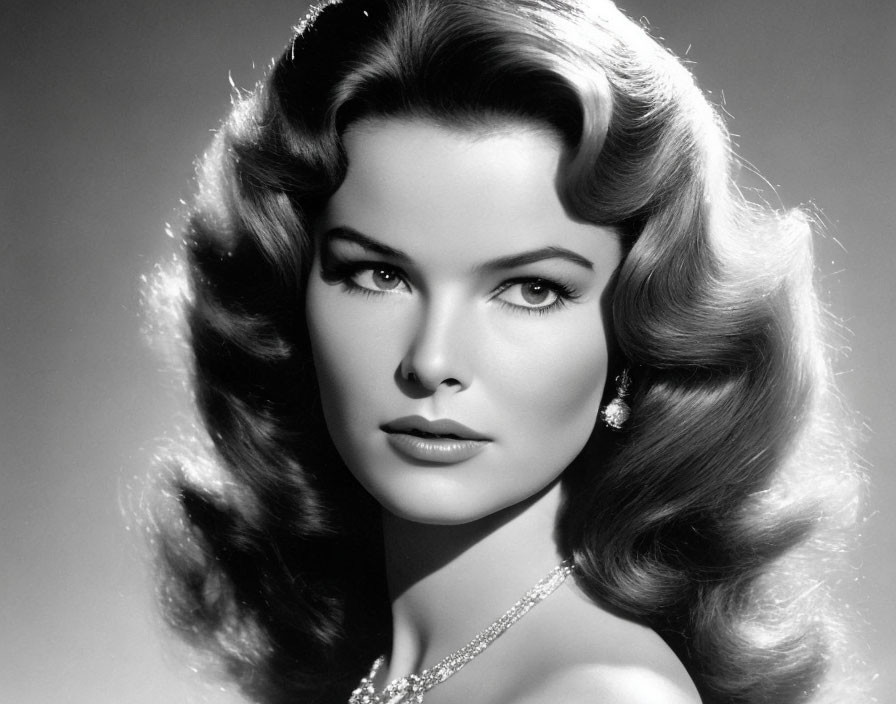 Monochrome portrait of woman with wavy hair and elegant jewelry