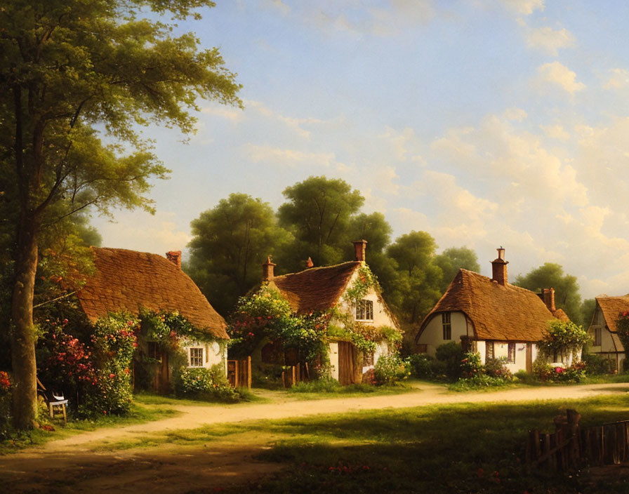 Tranquil painting of thatched-roof cottages in lush greenery