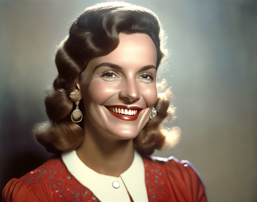 Vintage Portrait of Smiling Woman in Red Outfit