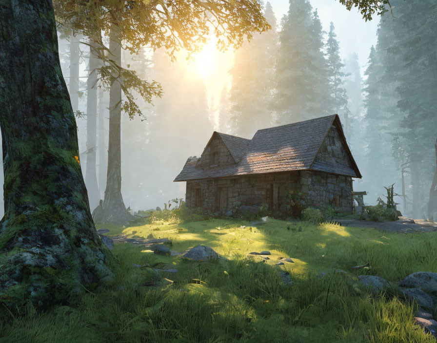 Tranquil forest scene: Stone cottage, sunlit foggy forest