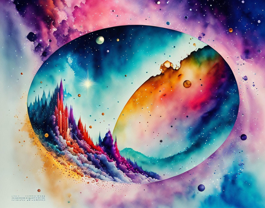 Abstract Cosmic Watercolor Painting with Planets and Stars