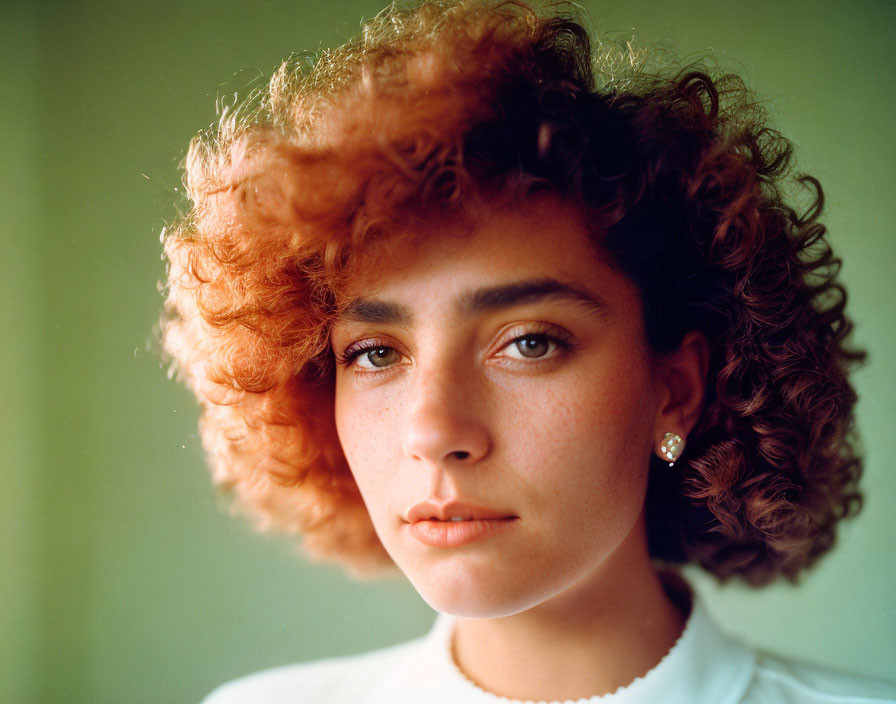 Portrait of woman with curly hair, light eyes, stud earring, white top, pale background