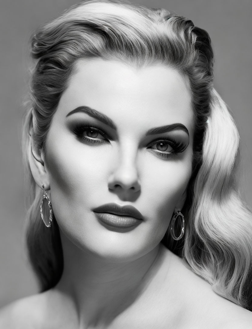 Monochrome portrait of woman with elegant makeup and hoop earrings