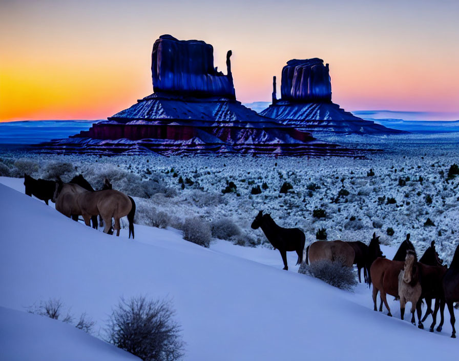 Horses in snowy landscape at dusk with iconic buttes and sunset sky