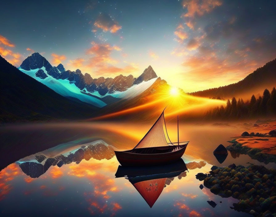 Scenic sunset over tranquil lake with boat and mountains