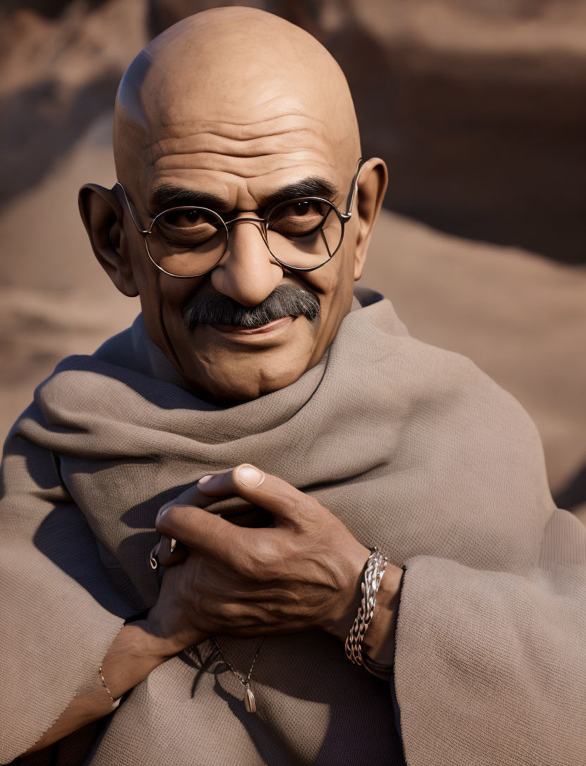 Bald Male Figure with Mustache Smiling in 3D Rendered Image