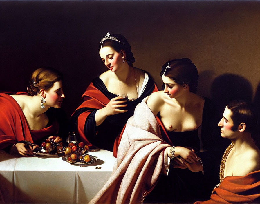 Classic-style painting of woman in tiara pouring drink, surrounded by others in chiaroscuro setting.