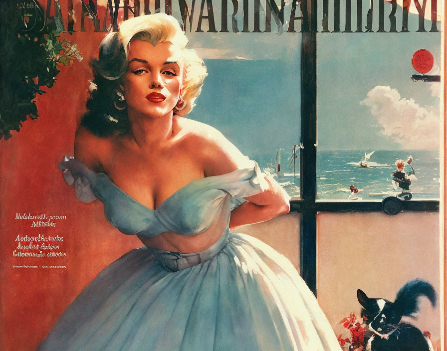 Vintage magazine cover: Glamorous woman in blue dress with seaside view and kitten.