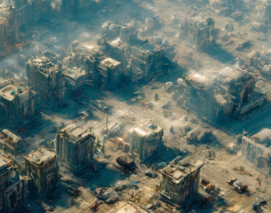 Dystopian cityscape: dilapidated high-rises, debris, vehicles, hazy atmosphere