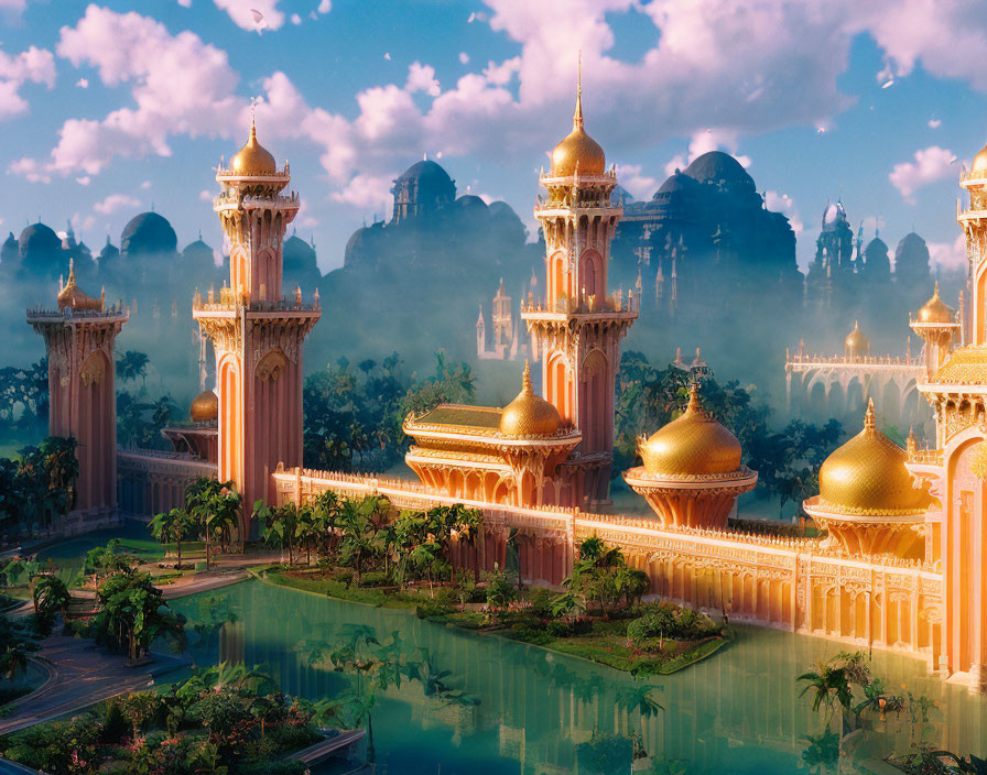 Fantasy palace with pink and golden spires in lush greenery