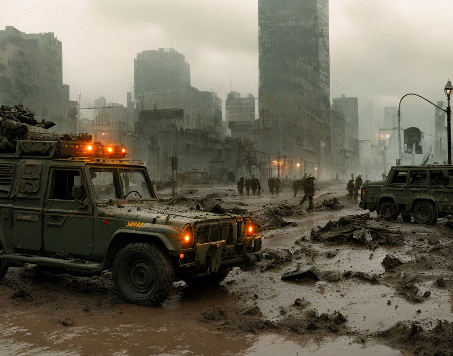 Military vehicles and soldiers in a dystopian cityscape under a gloomy sky