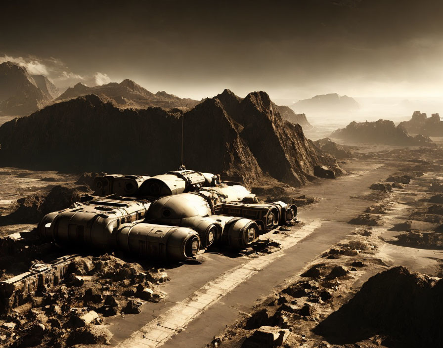 Futuristic vehicle on barren rocky landscape under yellow sky