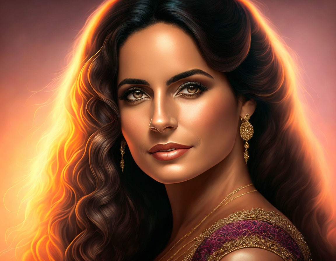 Dark-haired woman with green eyes and hoop earrings in fiery digital portrait