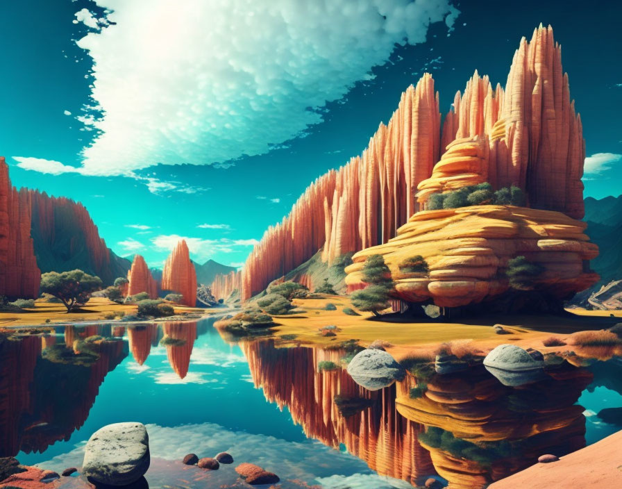 Tranquil landscape with orange rock formations by calm lake