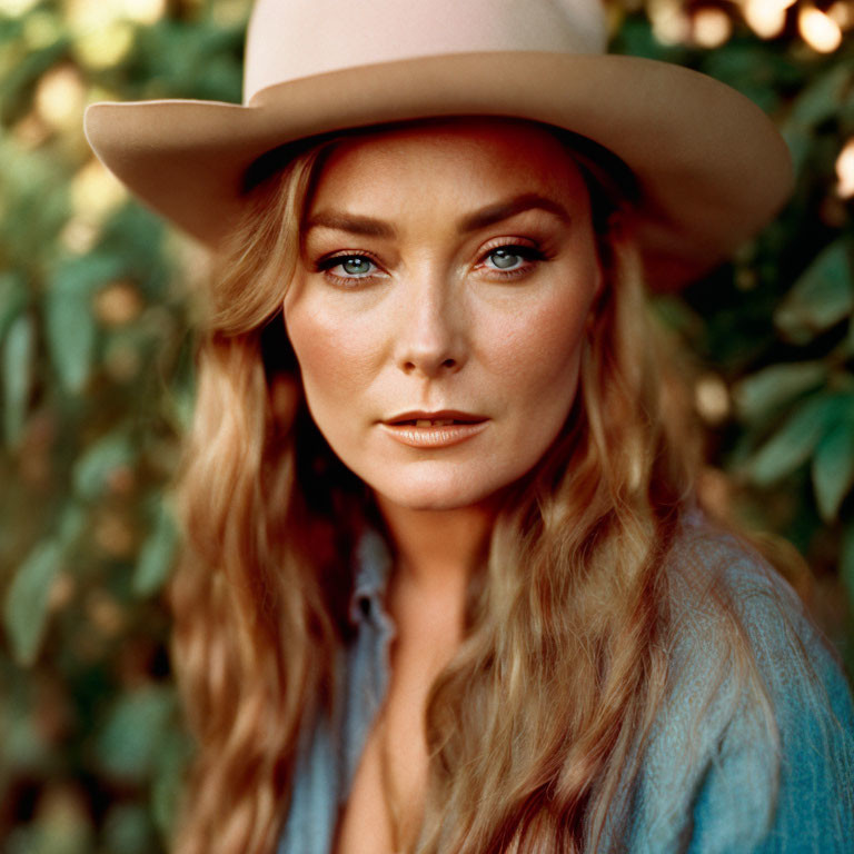 Blue-eyed woman in beige hat and blue shirt against green foliage