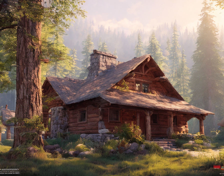 Rustic log cabin with stone chimney in tranquil forest clearing