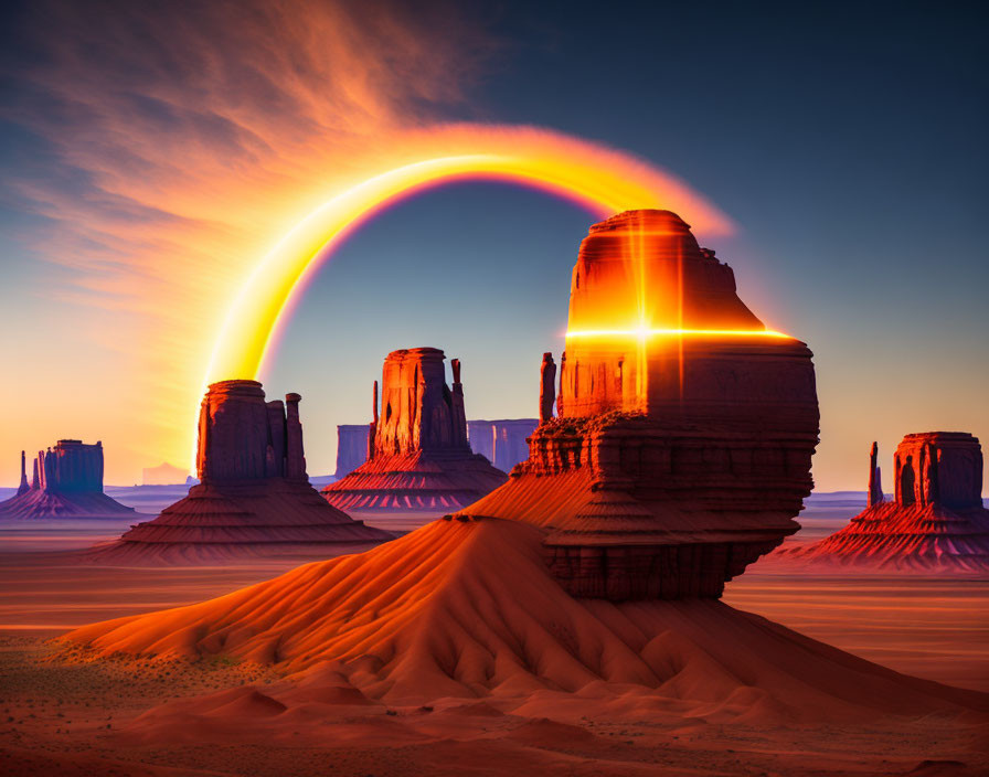 Majestic Desert Landscape with Glowing Arc at Dusk