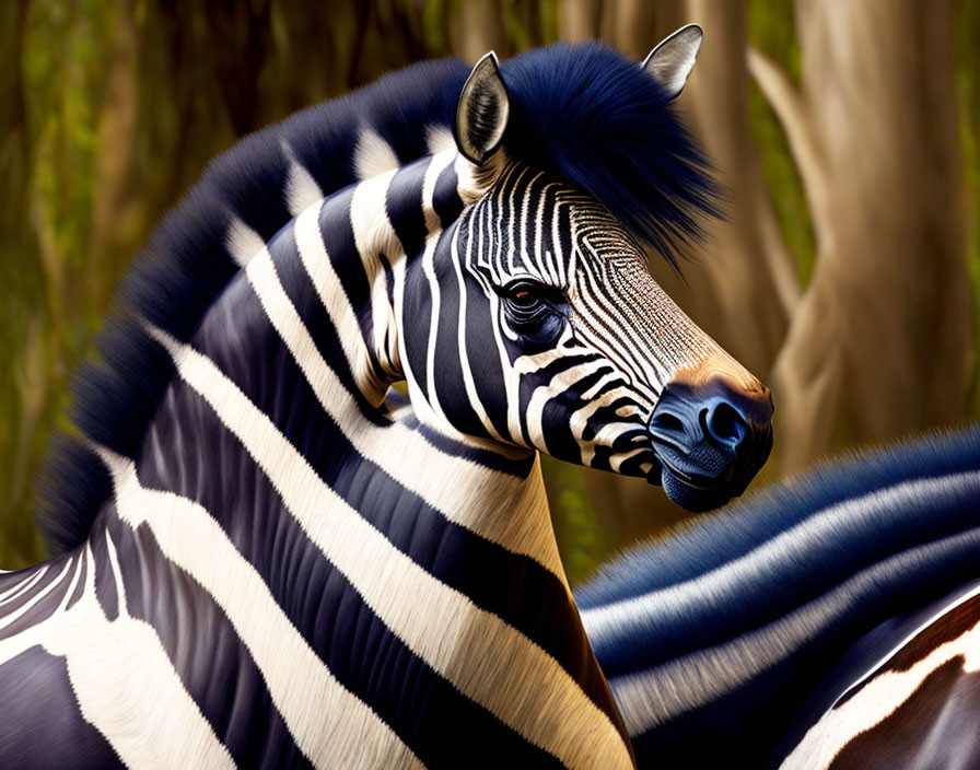 Zebra with black-and-white stripes and mane in close-up view